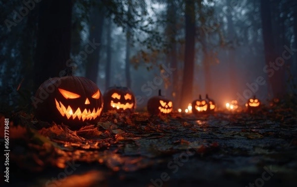 Obraz A Spooky Halloween Scene: Illuminated Jack-o'-lanterns Line a Foggy Forest Path Amidst Fallen Leaves and Enchanting Darkness