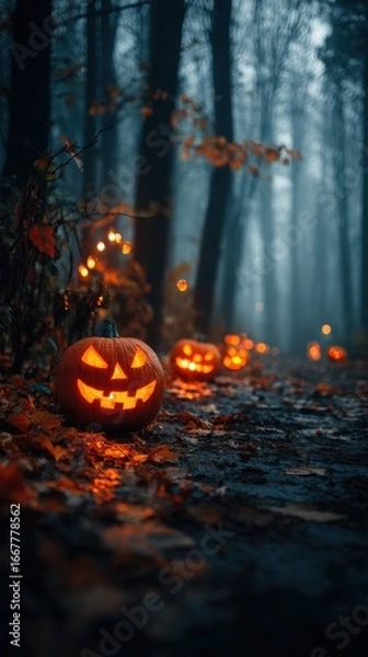 Obraz Mysterious Halloween Forest with Glowing Jack-O'-Lanterns Illuminating a Foggy Path Among Autumn Leaves