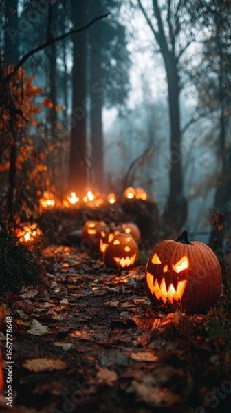Fototapeta A Spooky Pathway Illuminated by Glowing Jack-o'-Lanterns in a Foggy Forest During Halloween Festivities