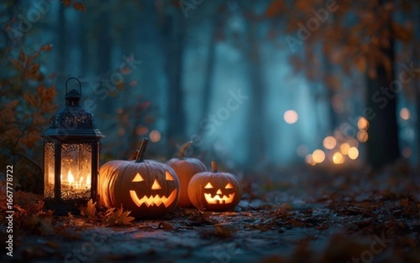 Fototapeta A Mysterious Halloween Night: Glowing Jack-o'-Lanterns Illuminate a Foggy Forest Pathway with Autumn Leaves Under an Enchanting Moonlight