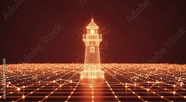 Obraz Abstract digital lighthouse guiding through glowing network grid
