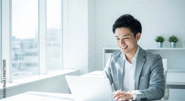 Obraz オフィスでパソコン作業をする笑顔の若いビジネスマン