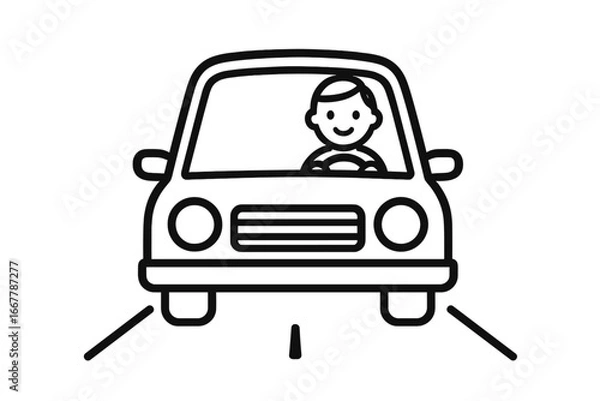 Fototapeta Simple outline icon of a happy person driving a car on the road. Vector cartoon illustration for transport, travel, or commute concepts. Line art of a man in a vehicle.