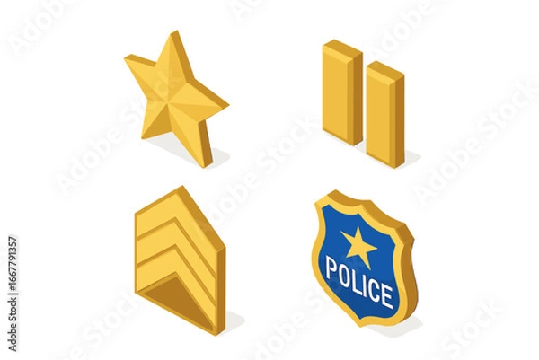 Fototapeta Police rank insignia vector icon set. Isometric icons of law enforcement badges. Captain star, lieutenant bars, and sergeant chevrons. Security officer symbols collection.