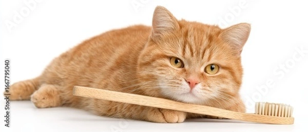 Fototapeta Adorable orange tabby cat lying down with a wooden toothbrush on a plain white background for dental hygiene and pet care