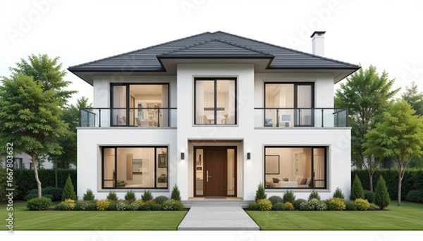 Fototapeta Modern two-story house with sleek lines, large windows, metal roof, and landscaped yard—blending contemporary design with natural elegance. AI generated.
