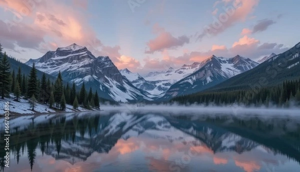 Fototapeta Calm lake reflects mountains and trees under a pastel sky at dawn with fog rising from the water.