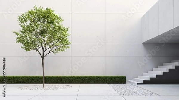 Fototapeta Modern minimalist courtyard with green tree and sleek architectural features