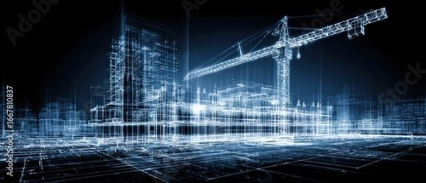 Fototapeta detailed digital blueprint of construction site with crane and buildings in futuristic wireframe style