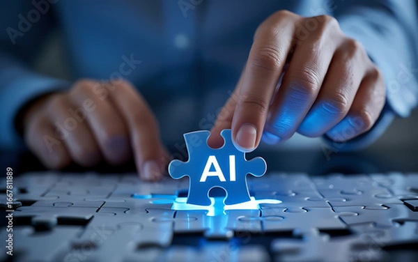 Fototapeta Ai integration concept with puzzle pieces and human hand adding
