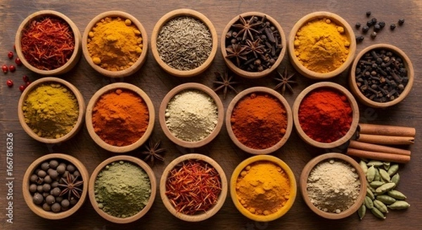 Obraz Colorful spice collection on wooden table