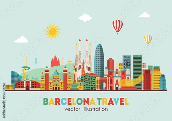 Obraz Szczegółowa sylwetka panoramę Barcelony. Ilustracja wektorowa - wektor zapasów