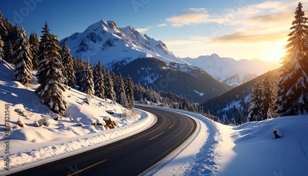 Fototapeta empty road in the mountains winter snowy day