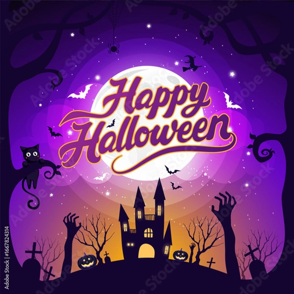 Fototapeta Halloween element design on full moon background with Happy Halloween calligraphy, Trick or Treat Concept, vector illustration
