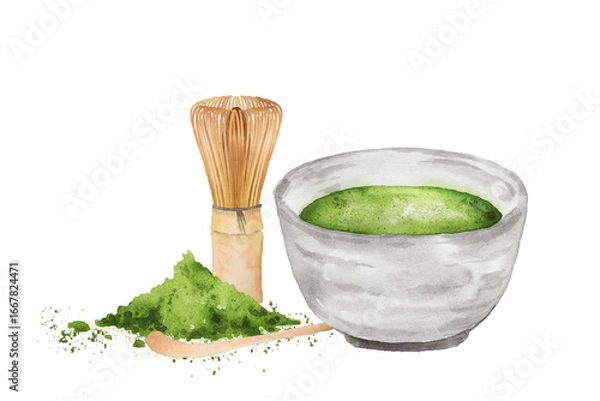 Obraz 抹茶と茶筅、茶杓のセットの水彩画