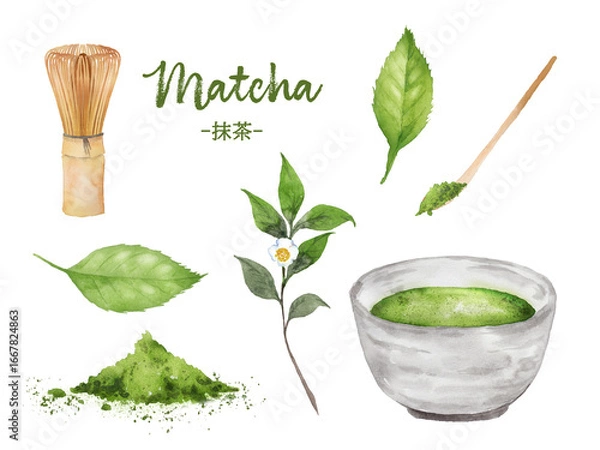 Obraz 抹茶と茶道具、お茶の葉の水彩画セット