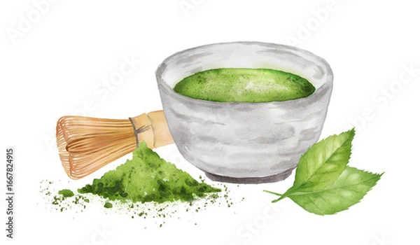 Obraz 抹茶と茶筅、抹茶パウダー、お茶の葉の水彩画