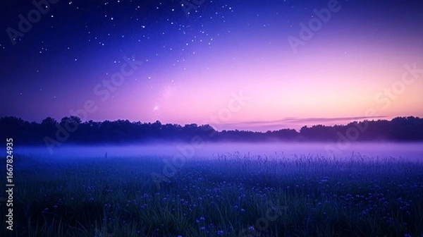 Fototapeta Dreamy purple field with fog, trees, and stars in the night sky