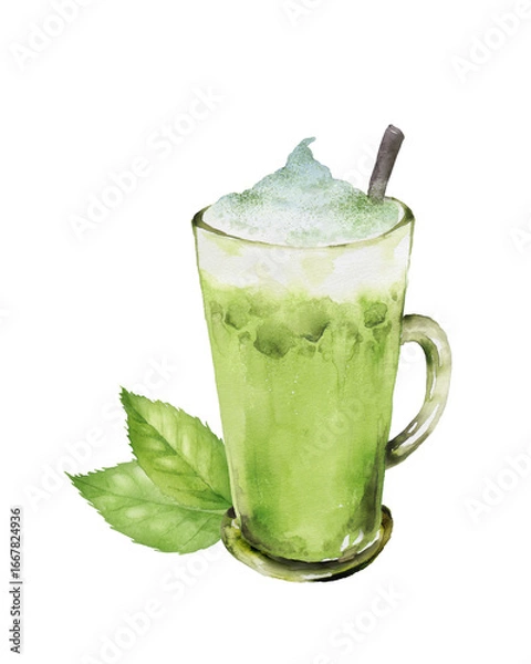 Obraz アイス抹茶ラテにお茶の葉を添えた水彩画