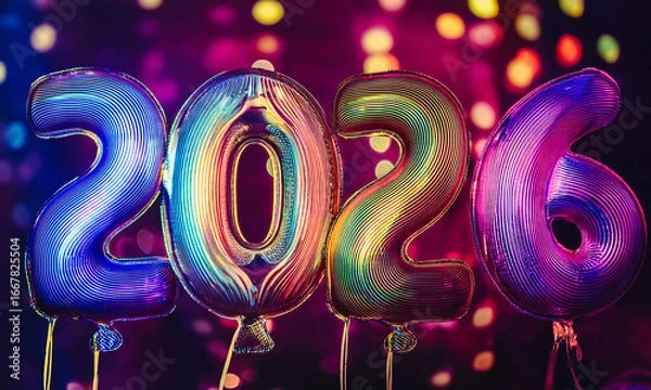 Obraz colorful  ballon  glow neon color " 2026  " festive background