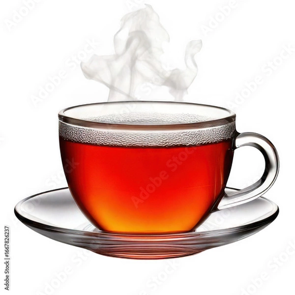 Obraz Cup of hot tea with steam isolated white and transparent background.