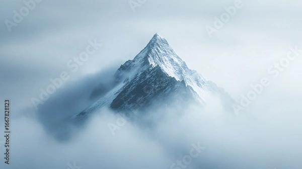 Fototapeta Snowy Mountain Peak Emerging from the Fog, Cold and Mysterious Landscape
