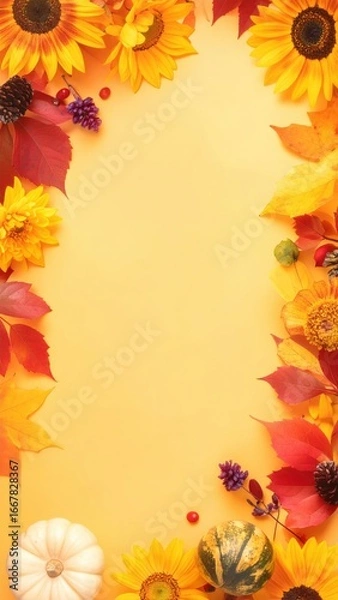 Fototapeta Autumn leaves, sunflowers, and other fall elements arranged on a yellow background, creating a visually appealing frame