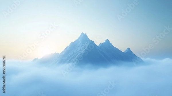 Fototapeta Mountain Peaks Emerging from a Sea of Clouds Under a Pale Sky