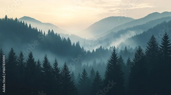 Fototapeta Misty Mountain Range Landscape with Evergreen Trees and Atmospheric Haze