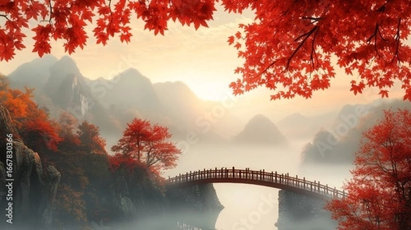 Fototapeta Arched bridge over misty water with autumn foliage and mountain backdrop