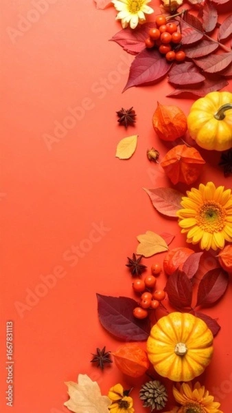 Fototapeta Autumn-themed composition with pumpkins, flowers, and leaves, arranged in a vibrant display against a red background. This arrangement evokes a sense of warmth, abundance.