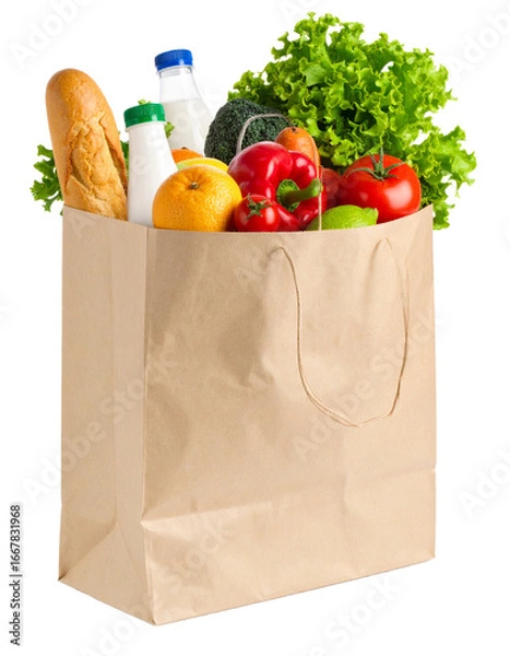 Fototapeta Shopping bag with groceries Isolated on Transparent or White Background