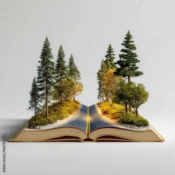Fototapeta Open book with road through forest