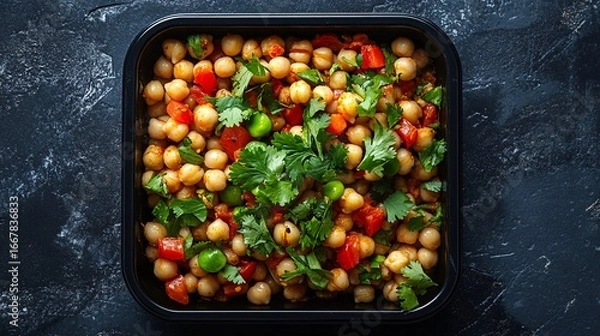 Fototapeta Chickpea Salad with Tomatoes, Peas, and Cilantro in a Black Container