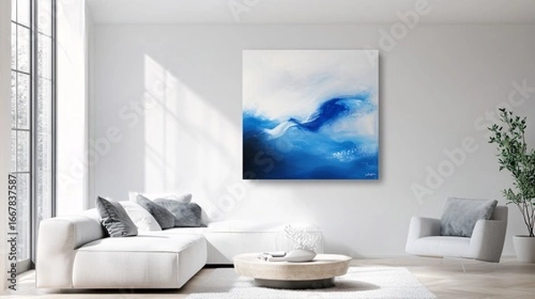 Fototapeta Bright Living Room Interior with Modern Blue and White Abstract Painting