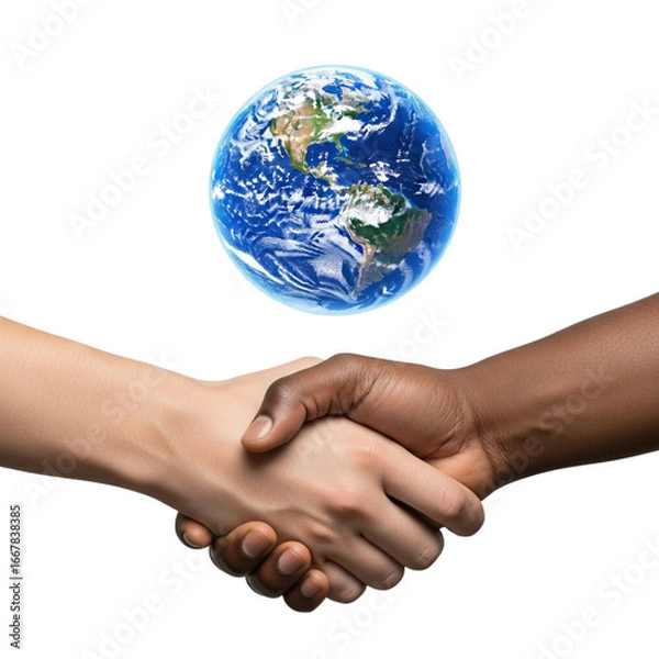 Fototapeta Global partnership and unity hands shaking underneath a vibrant earth globe symbolizing international cooperation and peace transparent background