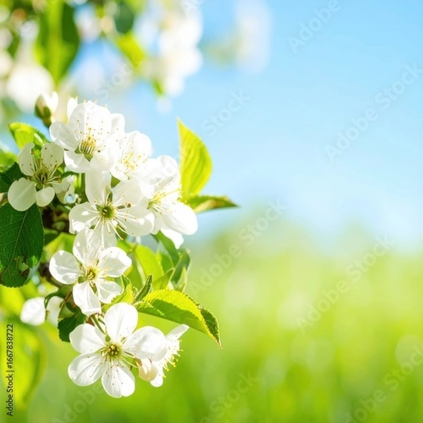 Fototapeta a close-up view of delicate white blossoms blooming on a tree branch with a backdrop of a bright blue sky and a vibrant green meadow