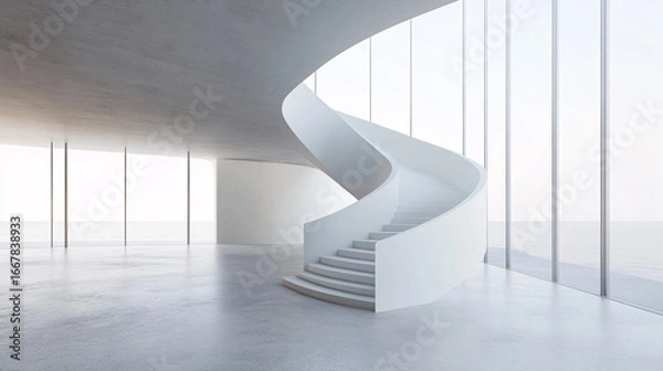 Fototapeta Bright Modern Interior with Spiral Staircase and Ocean View Windows