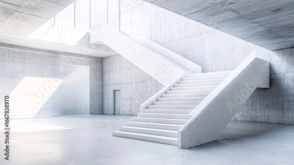 Fototapeta Modern Concrete Interior with White Staircase and Skylight, Minimalist Architecture