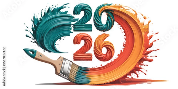 Fototapeta Artistic rendering of 2026 with vibrant paint strokes and a paintbrush symbolizing creativity and a fresh start for the new year with bold colors and dynamic design elements