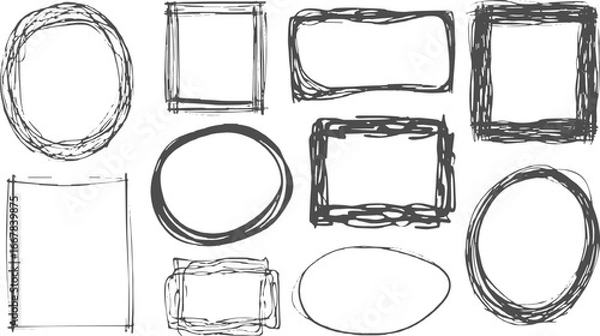 Fototapeta Collection of sketchy hand drawn frames and borders in various shapes and styles