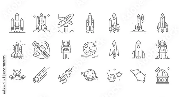 Fototapeta Collection of spacethemed line art icons including rockets, astronauts, planets, satellites, and constellations