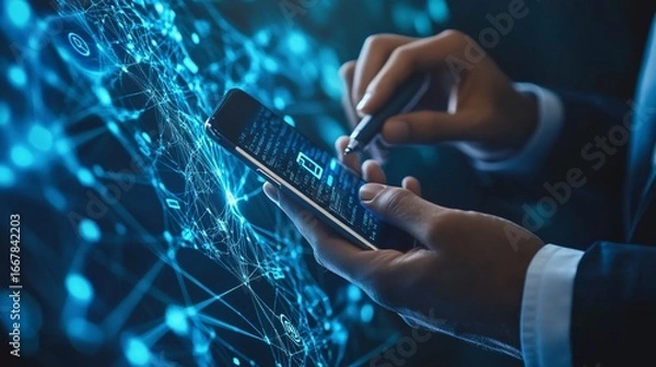 Fototapeta Man using stylus on smartphone with digital network interface overlay