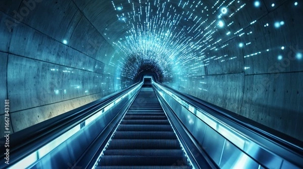 Fototapeta Escalator in a concrete tunnel with digital light effects, futuristic design