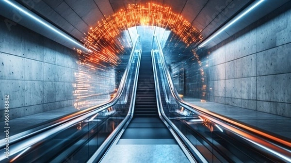Fototapeta Escalator in Concrete Tunnel with Glowing Digital Data Stream Overlay