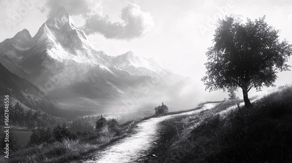 Fototapeta Serene Mountain Landscape with Winding Path and Solitary Tree in Monochrome