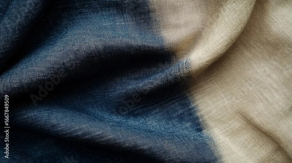 Fototapeta Dyed linen fabric, showing a gradient from dark blue to beige color
