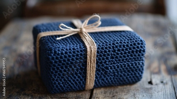 Fototapeta Knitted navy gift box tied with jute twine on rustic wooden surface.