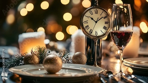 Fototapeta Festive New Year's Eve table setting with clock, wine, and golden ornaments