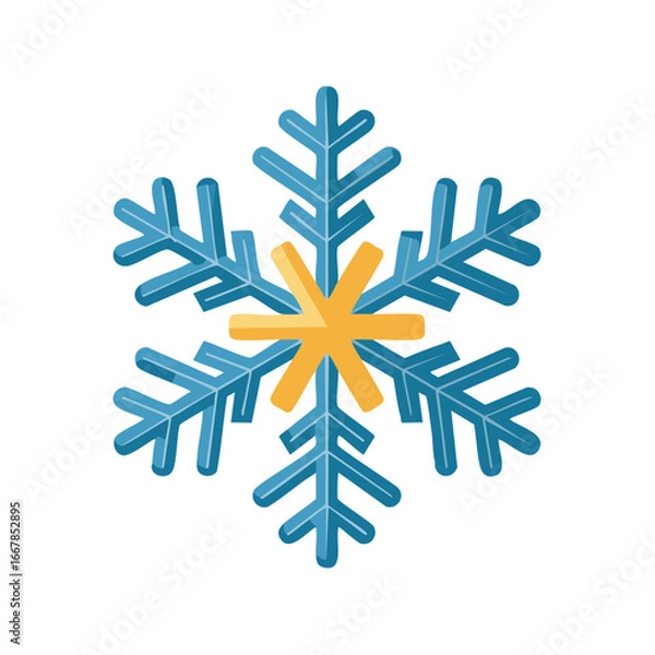 Fototapeta Vibrant blue snowflake icon with a bright yellow center for winter season design